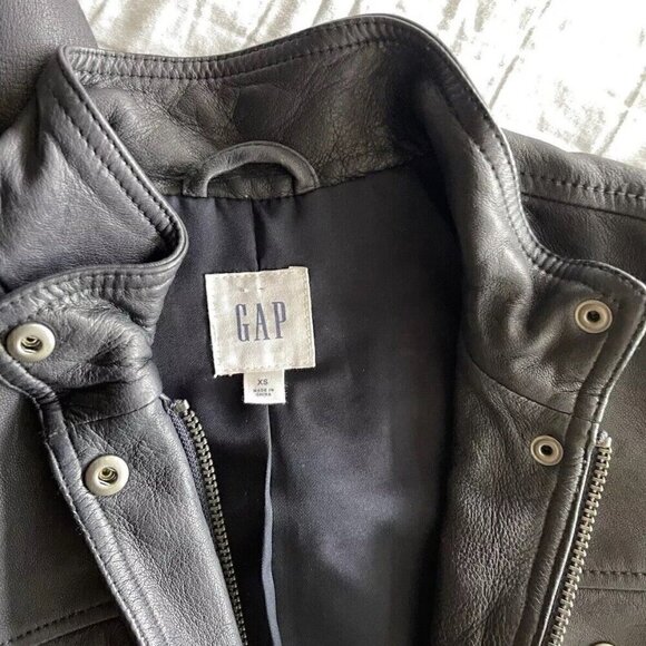 Vintage GAP Women's Blue Leather Jacket Sz XS Military Zip Button Navy - Picture 11 of 15